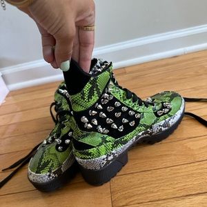 Lace up Green and White Snakeskin Studded boots